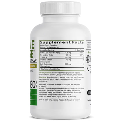 Bronson L-Lysine Defense Immune Support Complex 1500 MG L-Lysine Plus Olive Leaf, Garlic, Vitamin C and Zinc - Non-GMO, 90 Vegetarian Capsules - PrimeBioHealth - canada supplements