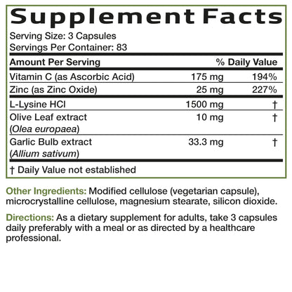 Bronson L-Lysine Defense Immune Support Complex 1500 MG L-Lysine Plus Olive Leaf, Garlic, Vitamin C and Zinc - Non-GMO, 90 Vegetarian Capsules - PrimeBioHealth - canada supplements