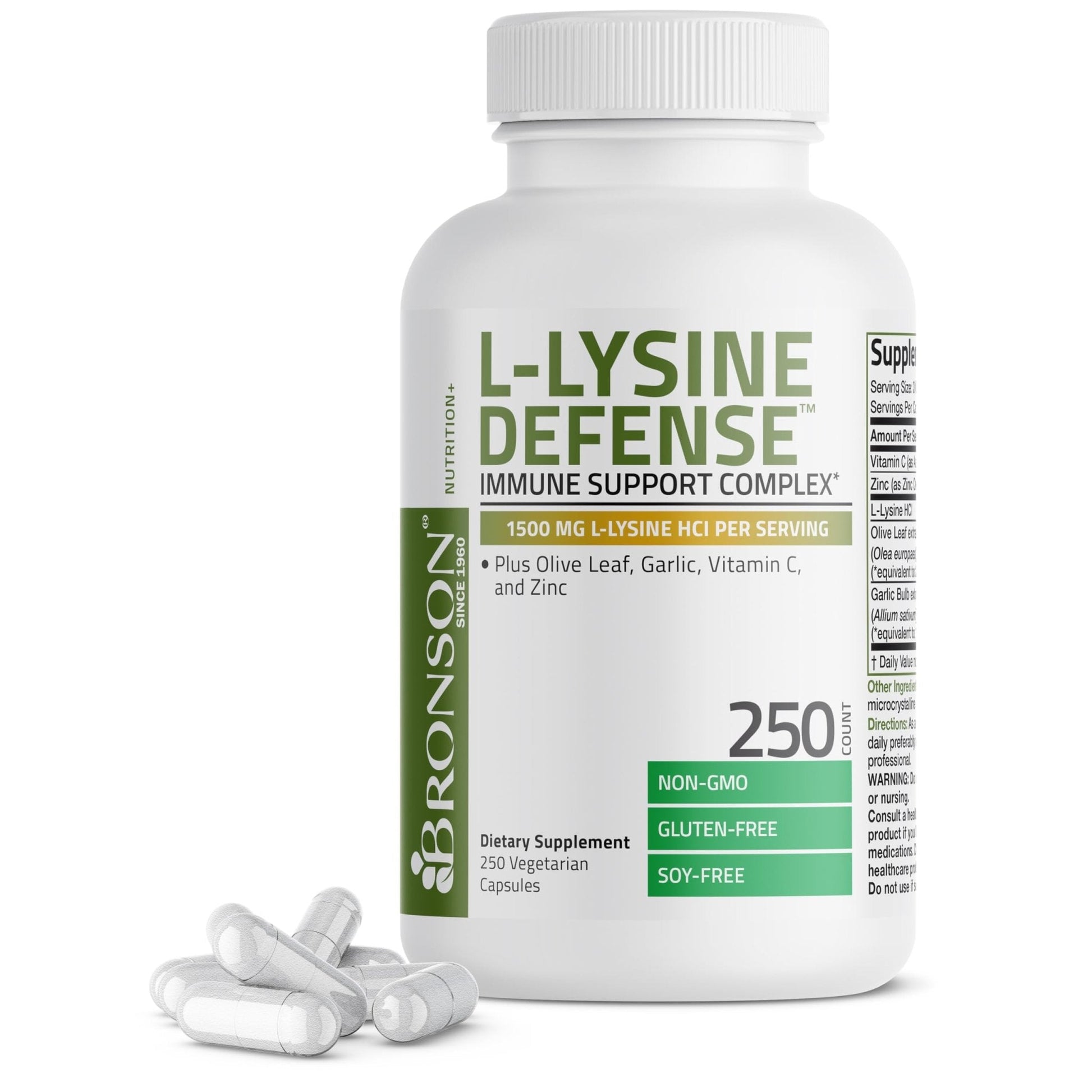 Bronson L-Lysine Defense Immune Support Complex 1500 MG L-Lysine Plus Olive Leaf, Garlic, Vitamin C and Zinc - Non-GMO, 90 Vegetarian Capsules - PrimeBioHealth - canada supplements