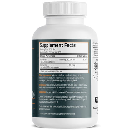 Bronson Vitamin K2 D3 (MK7) Supplement Non-GMO Formula Vitamin D3 5000IU (125 mcg) & 90 mcg K2 MK-7, Easy to Swallow D & K Complex, 120 Tablets - PrimeBioHealth - canada supplements