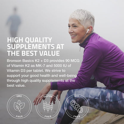 Bronson Vitamin K2 D3 (MK7) Supplement Non-GMO Formula Vitamin D3 5000IU (125 mcg) & 90 mcg K2 MK-7, Easy to Swallow D & K Complex, 120 Tablets - PrimeBioHealth - canada supplements
