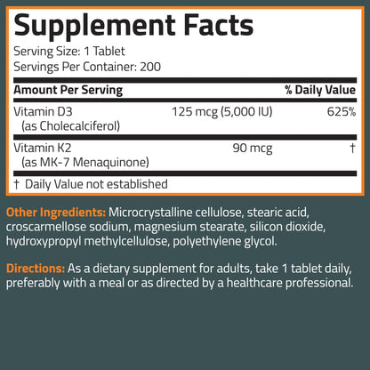 Bronson Vitamin K2 D3 (MK7) Supplement Non-GMO Formula Vitamin D3 5000IU (125 mcg) & 90 mcg K2 MK-7, Easy to Swallow D & K Complex, 120 Tablets - PrimeBioHealth - canada supplements