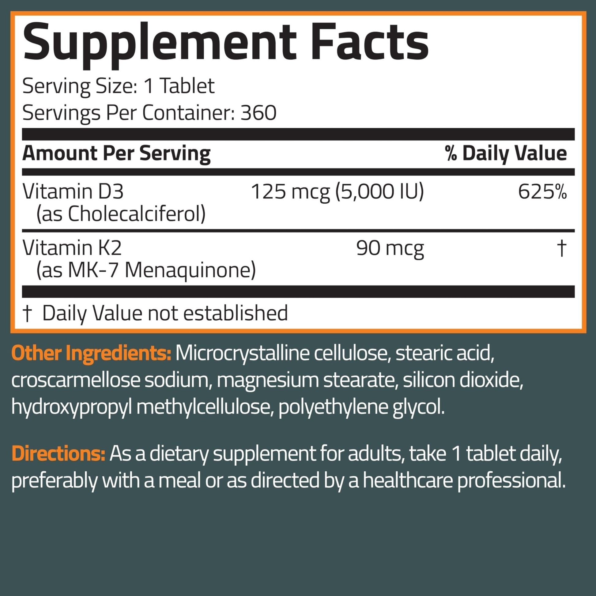 Bronson Vitamin K2 D3 (MK7) Supplement Non-GMO Formula Vitamin D3 5000IU (125 mcg) & 90 mcg K2 MK-7, Easy to Swallow D & K Complex, 120 Tablets - PrimeBioHealth - canada supplements