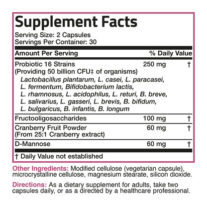 Bronson Women's Probiotic 50 Billion CFU + Prebiotic with Cranberry & D-Mannose – Vaginal Health, Healthy Digestion, Immune Function and Urinary Tract Support, Non-GMO, 60 Vegetarian Capsules - PrimeBioHealth - canada supplements