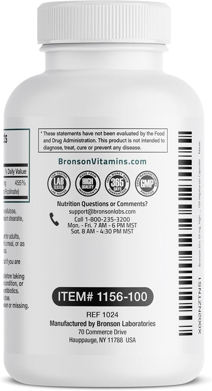 Bronson Zinc 50mg Complex High Potency Immune Support Supplement & Antioxidant and Skin Health - Non GMO, 100 Vegetarian Capsules - PrimeBioHealth - canada supplements