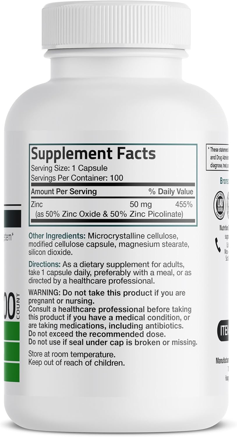 Bronson Zinc 50mg Complex High Potency Immune Support Supplement & Antioxidant and Skin Health - Non GMO, 100 Vegetarian Capsules - PrimeBioHealth - canada supplements