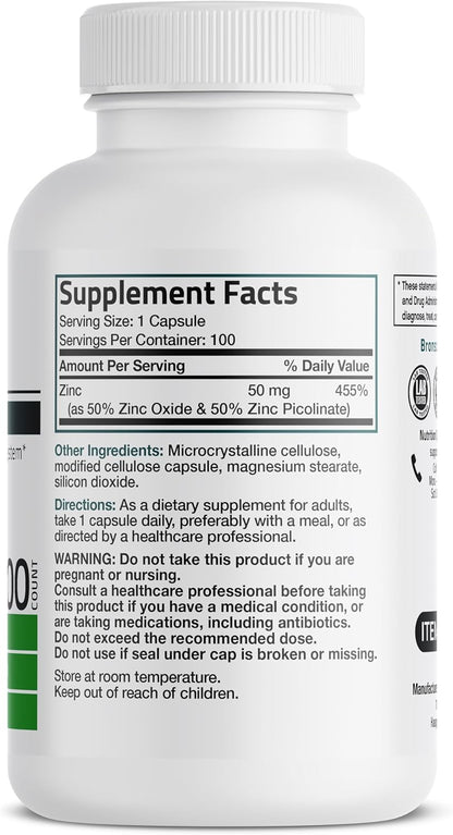 Bronson Zinc 50mg Complex High Potency Immune Support Supplement & Antioxidant and Skin Health - Non GMO, 100 Vegetarian Capsules - PrimeBioHealth - canada supplements