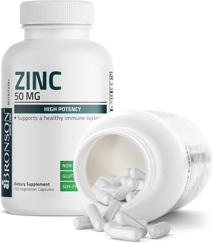 Bronson Zinc 50mg Complex High Potency Immune Support Supplement & Antioxidant and Skin Health - Non GMO, 100 Vegetarian Capsules - PrimeBioHealth - canada supplements