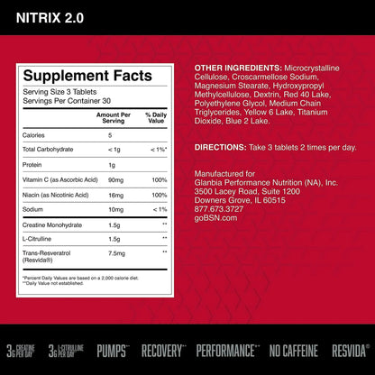 BSN NITRIX 2.0, Workout Supplement, Nitric Oxide Precursors, 3g Creatine, 3g L Citrulline, L-Citrulline, Supports Workout Performance, Pumps, Muscle Recovery - PrimeBioHealth - canada supplements