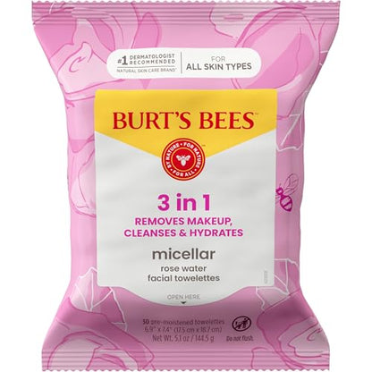 Burt’s Bees Micellar Rose Water Facial Towelettes, 100% Plant Based Cloth; 99% Natural Origin; Remove Makeup, Cleanse, Hydrate; No Oily Residue; All Skin Types; 30 Ct, Pack of 3 (Pack May Vary) - PrimeBioHealth - canada supplements