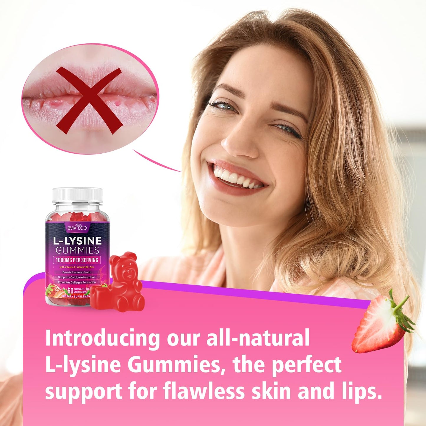 BVIVLOO L-Lysine 1000mg Gummies for Immune Support & Skin Health - High Potency Vegan Gummies, Sugar-Free, Natural Berry Flavor, Gluten-Free Chewable Supplement - PrimeBioHealth - canada supplements