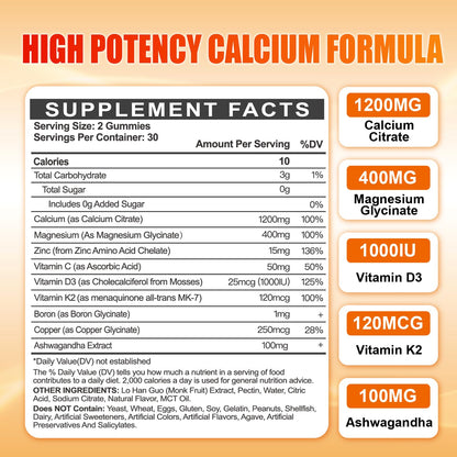 Calcium 1200 mg with Vitamin D3 Gummies for Adults - Calcium Citrate with Vitamin D3 K2, Magnesium, Zinc, Boron, Copper and Ashwagandha - PrimeBioHealth - canada supplements