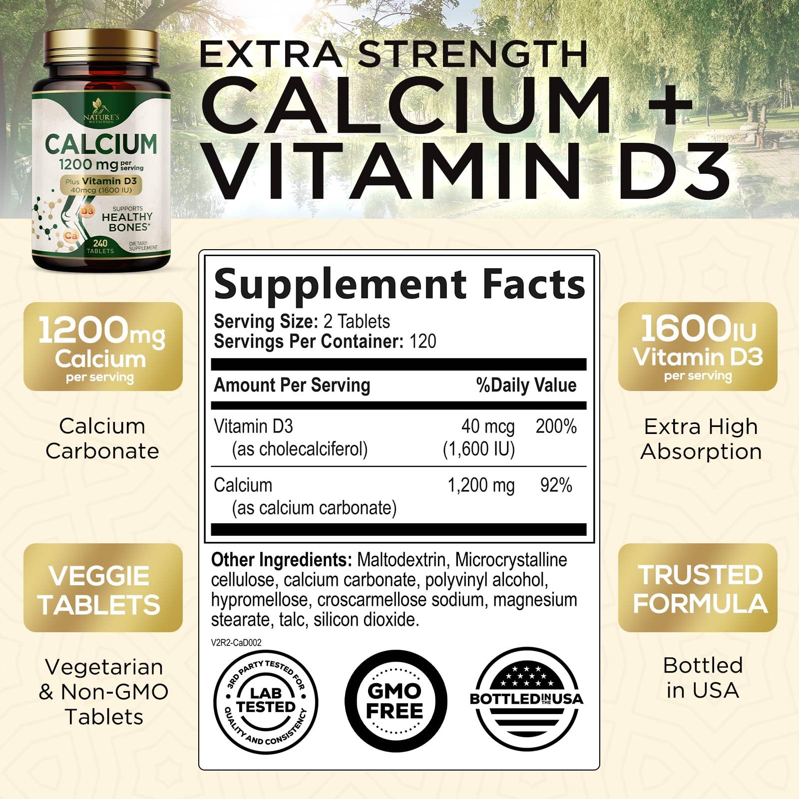 Calcium 1200 mg with Vitamin D3 - Per Serving - Bone Health Supplement - Vitamin D & Calcium Supplements for Women & Men - Bone Strength Support - PrimeBioHealth - canada supplements