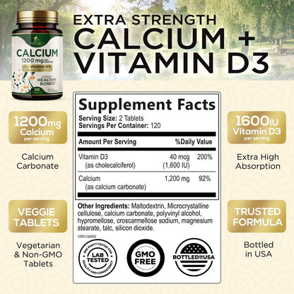 Calcium 1200 mg with Vitamin D3 - Per Serving - Bone Health Supplement - Vitamin D & Calcium Supplements for Women & Men - Bone Strength Support - PrimeBioHealth - canada supplements