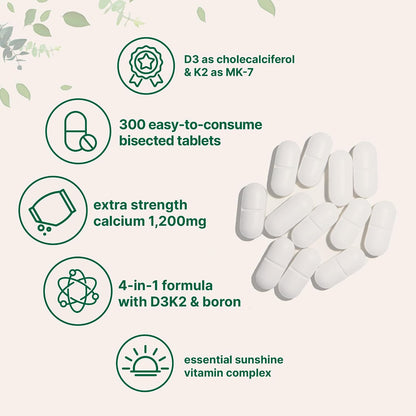 Calcium 1,200mg with Vitamin D3 & K2, 300 Tablets | Calcium Supplements for Women & Men | Mineral Complex Support Bone, Teeth, Colon & Cardiovascular Health | Non-GMO, Gluten-Free - PrimeBioHealth - canada supplements