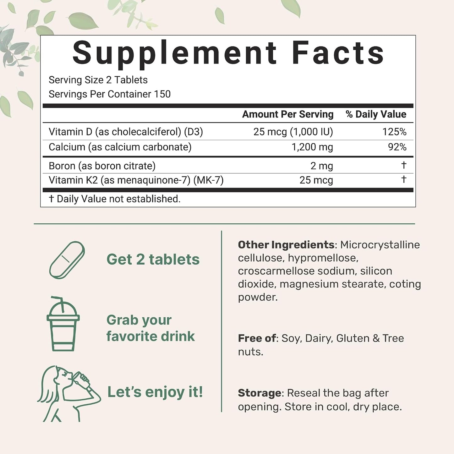 Calcium 1,200mg with Vitamin D3 & K2, 300 Tablets | Calcium Supplements for Women & Men | Mineral Complex Support Bone, Teeth, Colon & Cardiovascular Health | Non-GMO, Gluten-Free - PrimeBioHealth - canada supplements