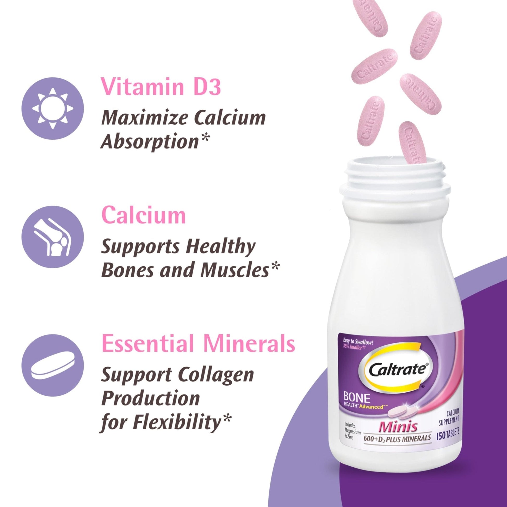 Caltrate Minis 600 Plus D3 Plus Minerals Calcium and Vitamin D Supplement Tablets, Bone Health and Mineral Supplement for Adults - 150 Count - PrimeBioHealth - canada supplements