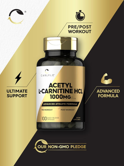 Carlyle Acetyl L-Carnitine HCL | 1000mg | 100 Capsules | Advanced Athlete Formula | Pre-Workout Supplement | Non-GMO & Gluten Free - PrimeBioHealth - canada supplements