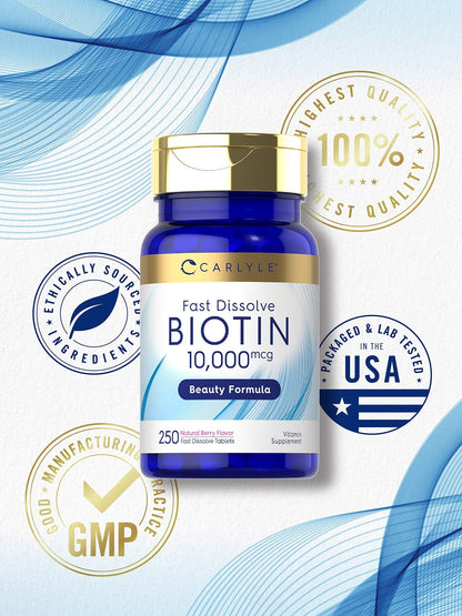 Carlyle Biotin 10000mcg | 250 Fast Dissolve Tablets | Max Strength | Vegetarian, Non-GMO, Gluten Free Supplement - PrimeBioHealth - canada supplements