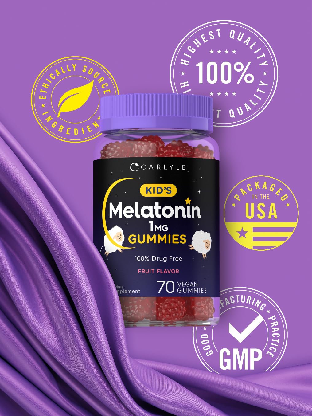 Carlyle Kids Melatonin Gummies | 1 mg 70 Count | Fruit Flavor Gummy | Vegan, Non-GMO, Gluten Free - PrimeBioHealth - canada supplements