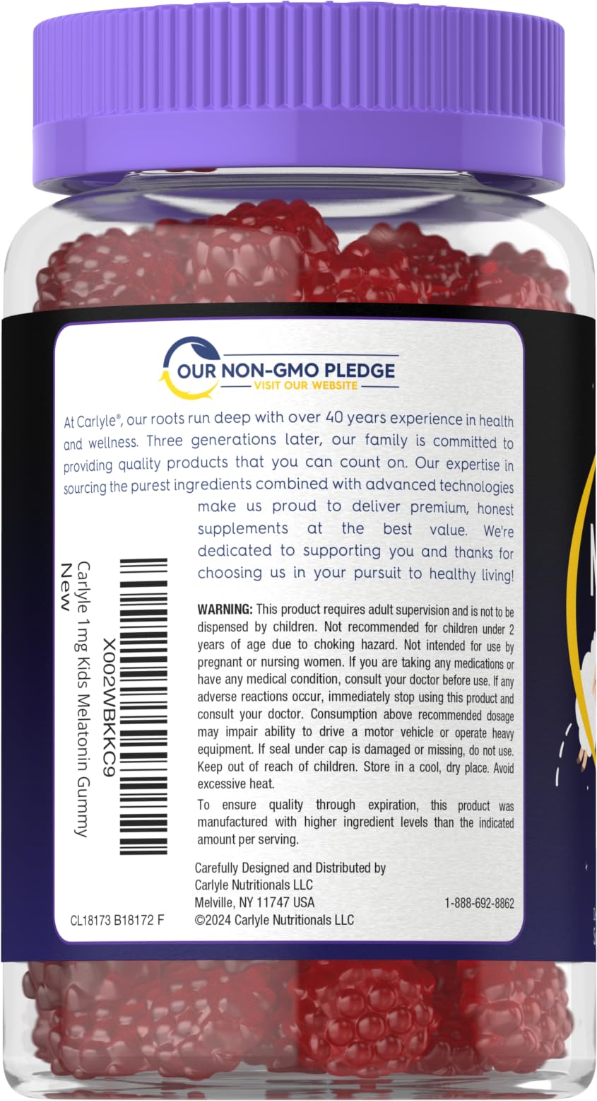Carlyle Kids Melatonin Gummies | 1 mg 70 Count | Fruit Flavor Gummy | Vegan, Non-GMO, Gluten Free - PrimeBioHealth - canada supplements