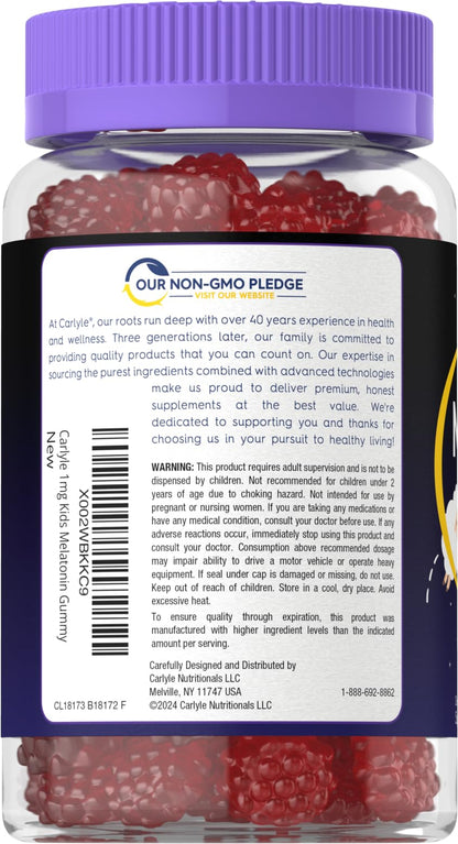 Carlyle Kids Melatonin Gummies | 1 mg 70 Count | Fruit Flavor Gummy | Vegan, Non-GMO, Gluten Free - PrimeBioHealth - canada supplements