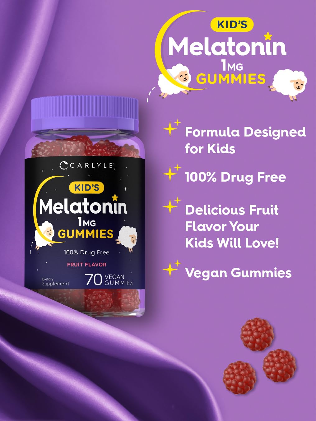 Carlyle Kids Melatonin Gummies | 1 mg 70 Count | Fruit Flavor Gummy | Vegan, Non-GMO, Gluten Free - PrimeBioHealth - canada supplements
