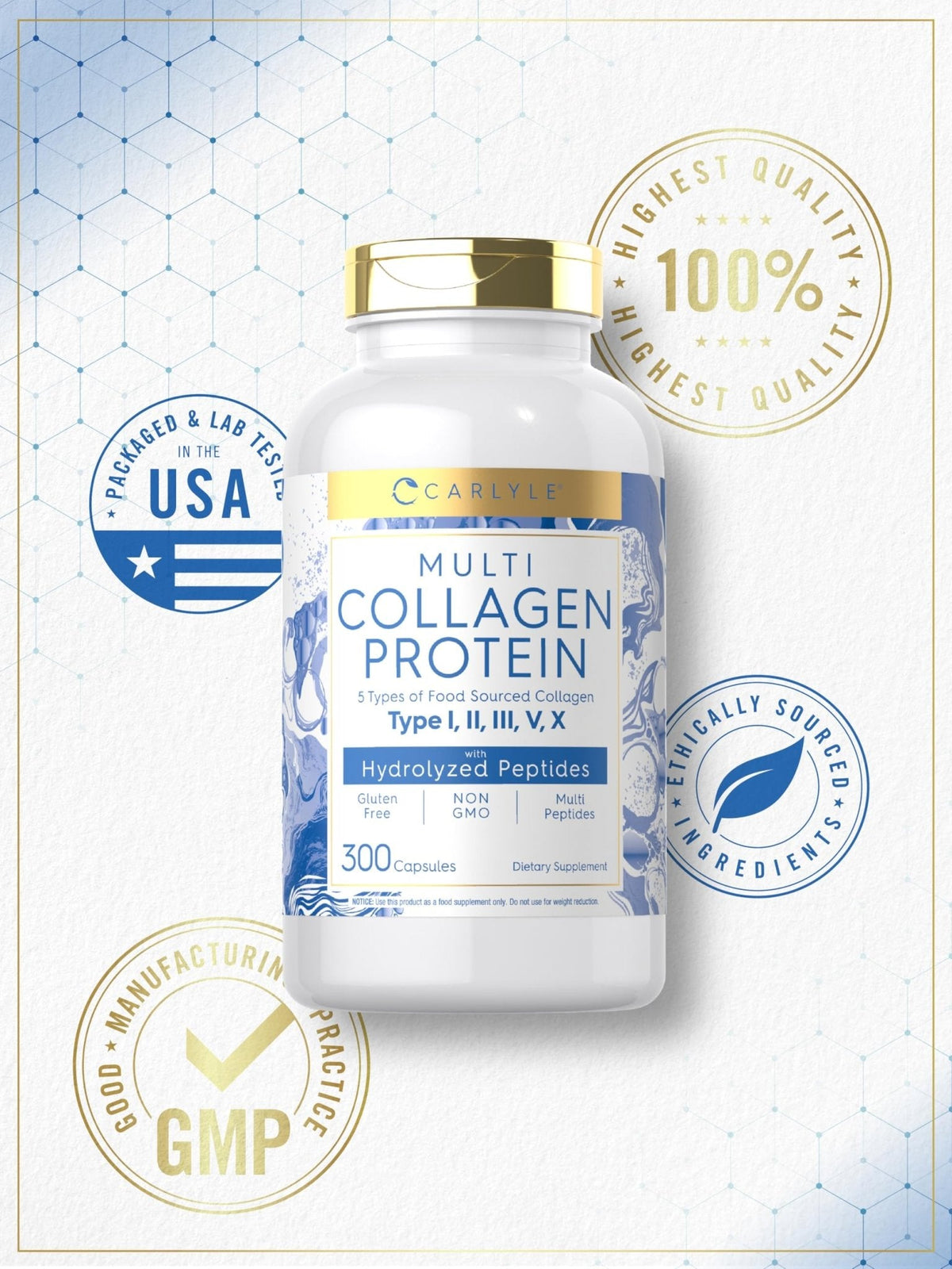 Carlyle Multi Collagen Protein Capsules 2000mg | 300 Count | Type I, II, III, V, X | Collagen Peptide Pills | Keto & Paleo Friendly - PrimeBioHealth - canada supplements