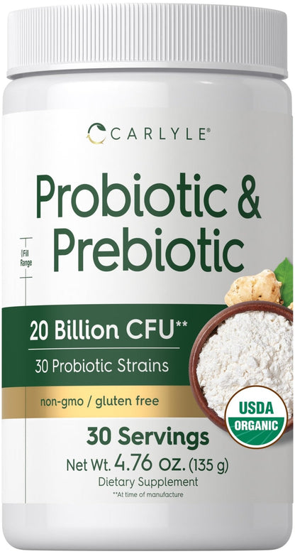 Carlyle Probiotic and Prebiotic Powder | 20 Billion CFU | 4.76 oz | Organic Fiber Blend | for Women and Men | Vegetarian, Non-GMO, - PrimeBioHealth - canada supplements
