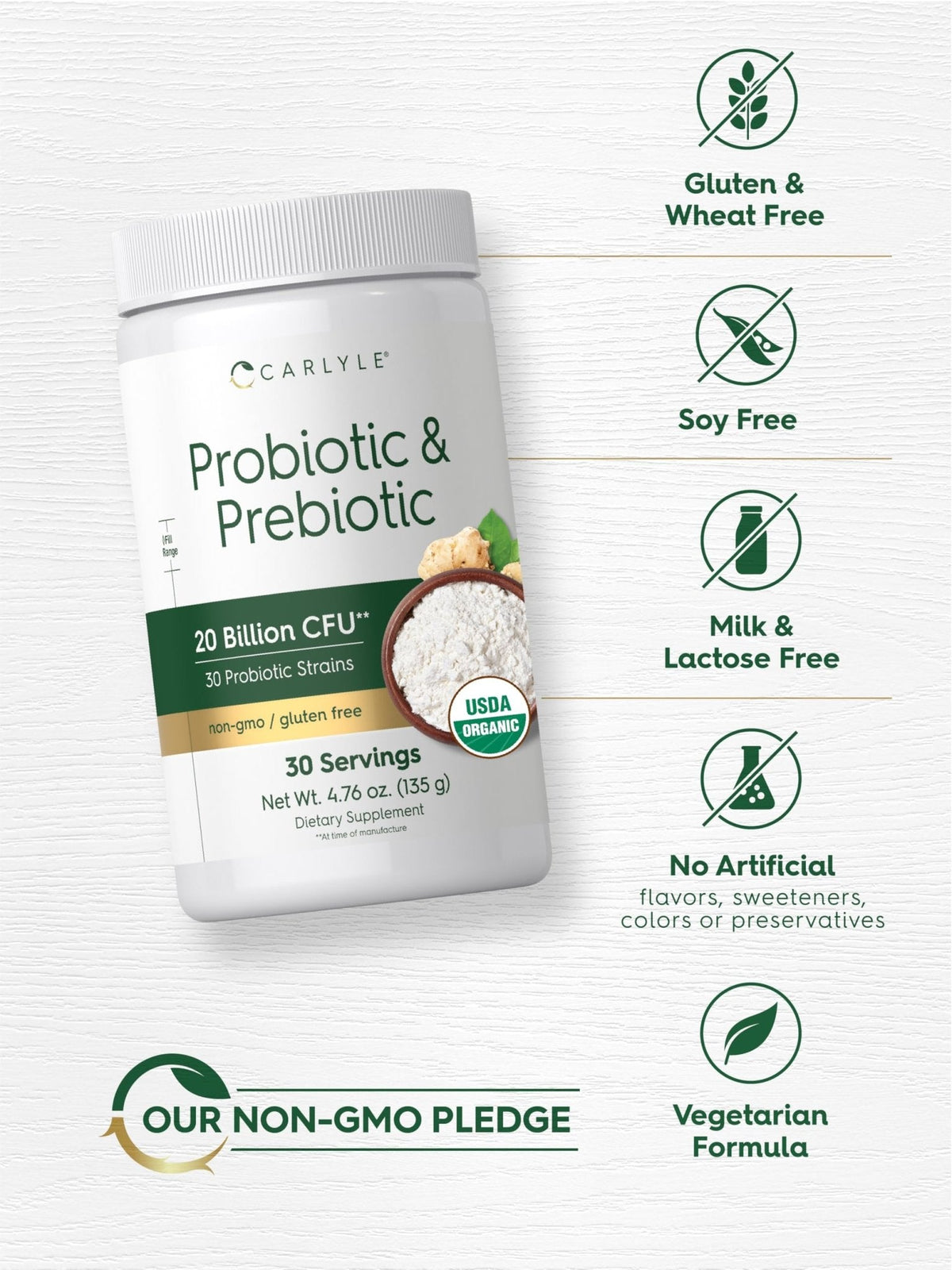 Carlyle Probiotic and Prebiotic Powder | 20 Billion CFU | 4.76 oz | Organic Fiber Blend | for Women and Men | Vegetarian, Non-GMO, - PrimeBioHealth - canada supplements