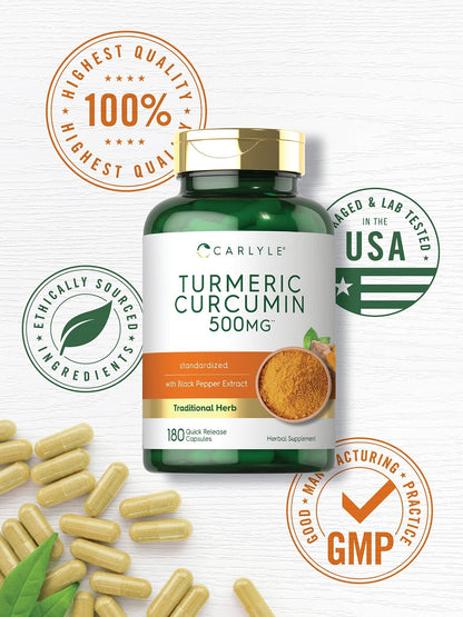 Carlyle Turmeric Curcumin Supplement | 180 Capsules | with Black Pepper Extract | Non-GMO & Gluten Free - PrimeBioHealth - canada supplements