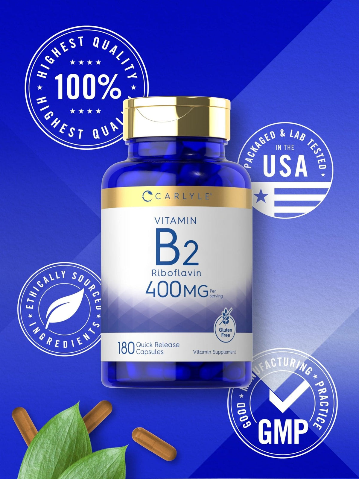 Carlyle Vitamin B-2 400mg | 180 Count | Non-GMO, Gluten Free Supplement | B2 Riboflavin - PrimeBioHealth - canada supplements