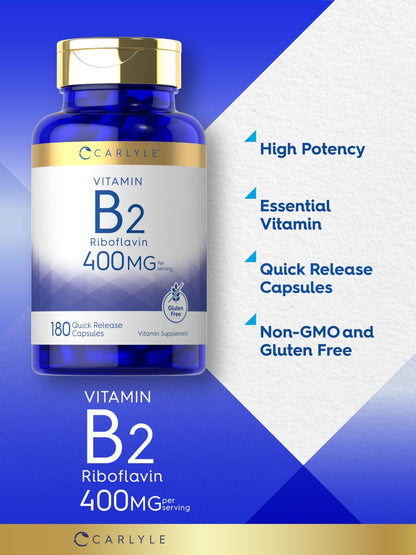 Carlyle Vitamin B-2 400mg | 180 Count | Non-GMO, Gluten Free Supplement | B2 Riboflavin - PrimeBioHealth - canada supplements