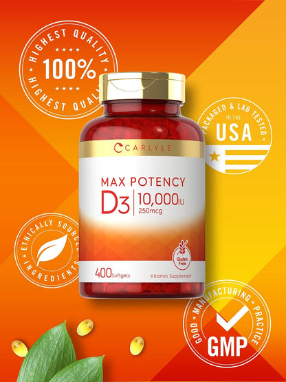 Carlyle Vitamin D 10000 IU 400 Softgels | Value Size | Max Potency | Non-GMO, Gluten Free Supplement - PrimeBioHealth - canada supplements