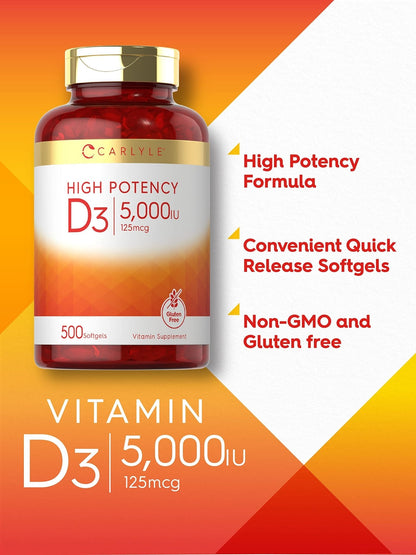 Carlyle Vitamin D3 5000 IU Softgels | 500 Count | Value Size | Non-GMO and Gluten Free Supplement | High Potency Formula | 125mcg - PrimeBioHealth - canada supplements