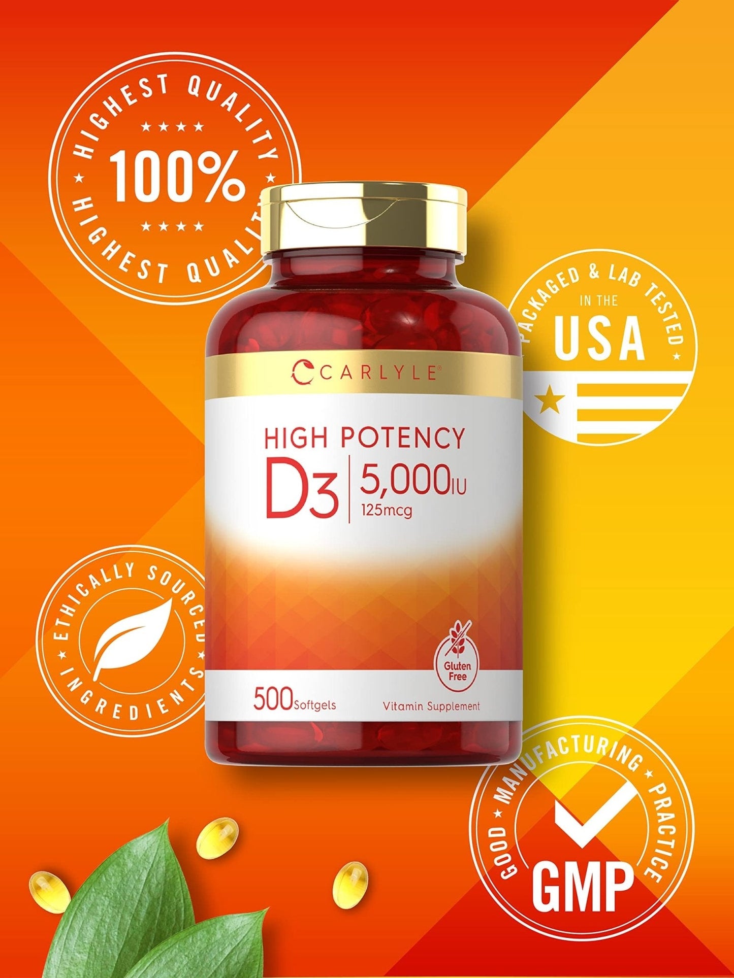 Carlyle Vitamin D3 5000 IU Softgels | 500 Count | Value Size | Non-GMO and Gluten Free Supplement | High Potency Formula | 125mcg - PrimeBioHealth - canada supplements