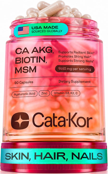 Cata-Kor Hair Skin and Nails Vitamins for Women – Biotin Collagen Hair Supplement | Hyaluronic Acid | Calcium AKG | MSM | Vitamin D3 K2 & C – Hair Growth Vitamins – 30 Day Supply (1 Pack) - PrimeBioHealth - canada supplements