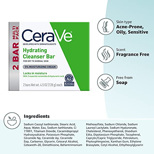CeraVe Hydrating Cleanser Bar, Soap-Free Body and Facial Cleanser with 5% Moisturizing Cream, Fragrance-Free, 2-Pack, 4.5 Ounce Each - PrimeBioHealth - canada supplements