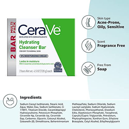 CeraVe Hydrating Cleanser Bar, Soap-Free Body and Facial Cleanser with 5% Moisturizing Cream, Fragrance-Free, 2-Pack, 4.5 Ounce Each - PrimeBioHealth - canada supplements