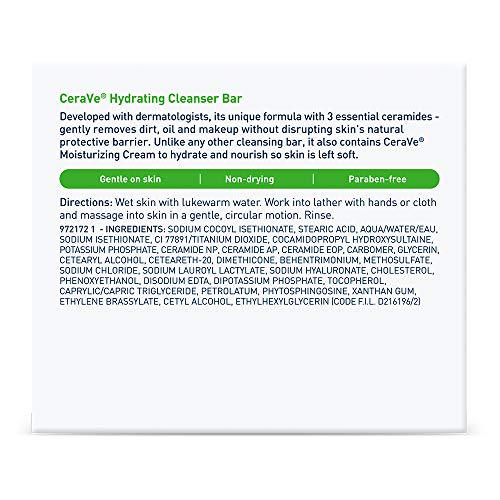 CeraVe Hydrating Cleanser Bar, Soap-Free Body and Facial Cleanser with 5% Moisturizing Cream, Fragrance-Free, 2-Pack, 4.5 Ounce Each - PrimeBioHealth - canada supplements