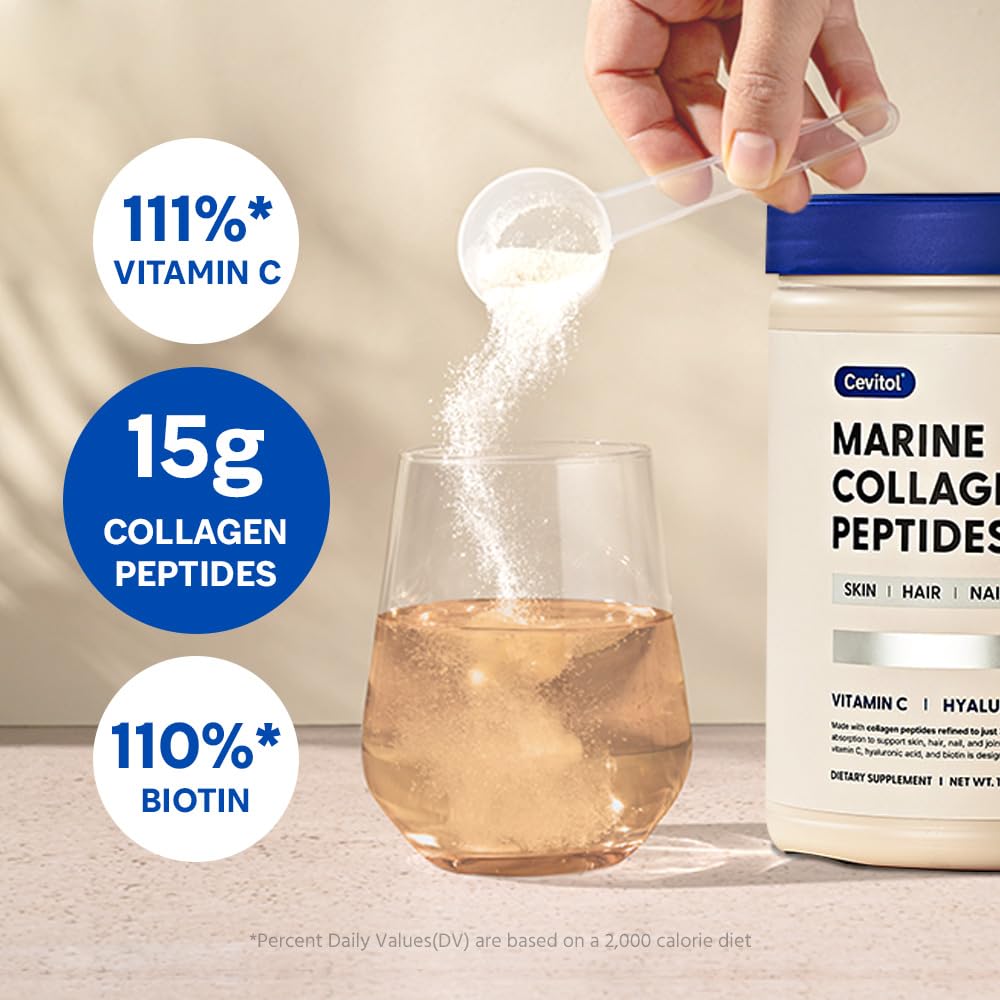 Cevitol Marine Collagen Peptides - Hydrolyzed Ultra-fine Collagen Powder for Women & Men, Hyaluronic Acid, Biotin, Vitamin C, for Skin, Hair, Nails, Joints - PrimeBioHealth - canada supplements