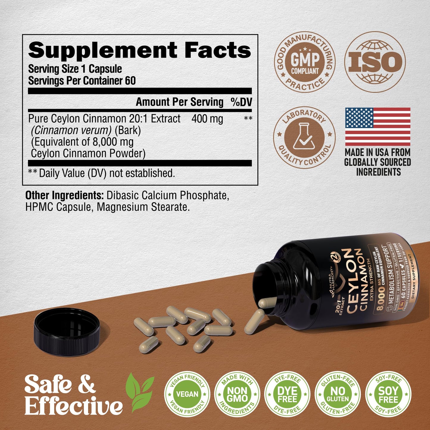 Ceylon Cinnamon Capsules - Extra Strength - Energy Heart & Metabolism Support for Men & Women - Pure Natural Cinnamon 20:1 Extract Supplement - PrimeBioHealth - canada supplements
