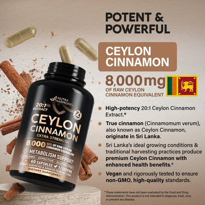 Ceylon Cinnamon Capsules - Extra Strength - Energy Heart & Metabolism Support for Men & Women - Pure Natural Cinnamon 20:1 Extract Supplement - PrimeBioHealth - canada supplements