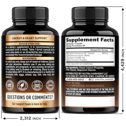 Ceylon Cinnamon Capsules - Extra Strength - Energy Heart & Metabolism Support for Men & Women - Pure Natural Cinnamon 20:1 Extract Supplement - PrimeBioHealth - canada supplements