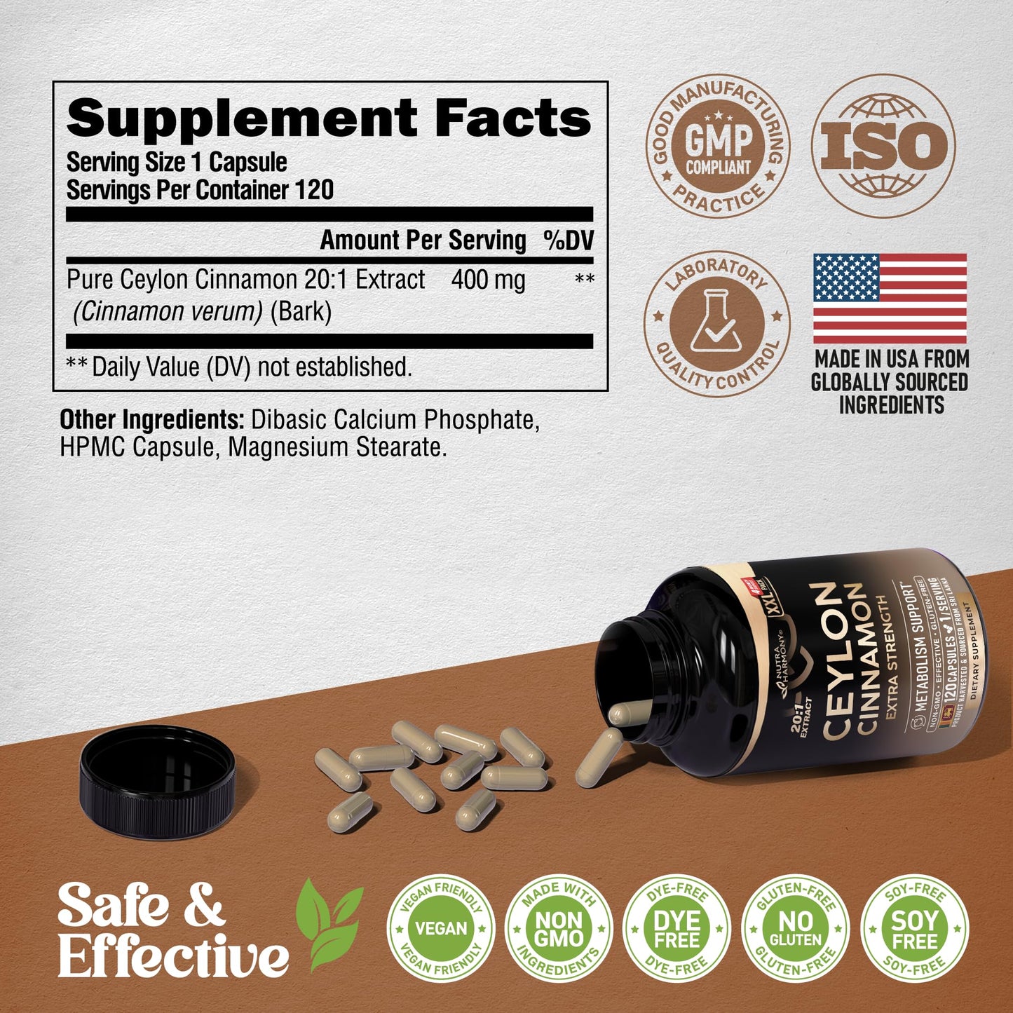 Ceylon Cinnamon Capsules - Extra Strength - Energy, Heart & Metabolism Support - for Men & Women - Pure Natural Extract 20:1 Supplement - Made in USA - PrimeBioHealth - canada supplements