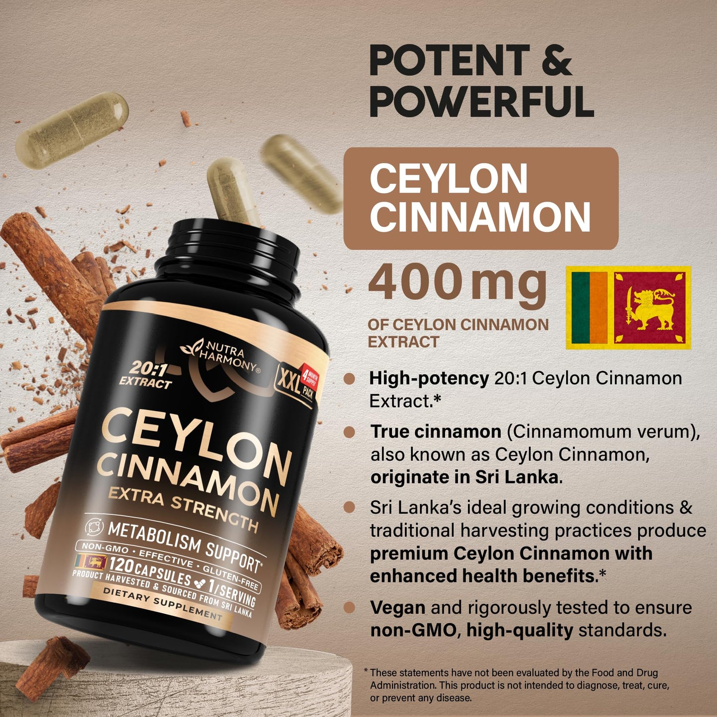 Ceylon Cinnamon Capsules - Extra Strength - Energy, Heart & Metabolism Support - for Men & Women - Pure Natural Extract 20:1 Supplement - Made in USA - PrimeBioHealth - canada supplements