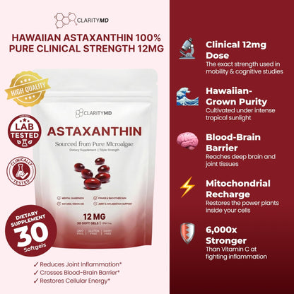 ClarityMD Astaxanthin 12mg Antioxidants Supplement – Natural Microalgae Source – Lipid-Based Softgel for Enhanced Absorption – Cognitive - PrimeBioHealth - canada supplements