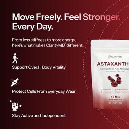 ClarityMD Astaxanthin 12mg Antioxidants Supplement – Natural Microalgae Source – Lipid-Based Softgel for Enhanced Absorption – Cognitive - PrimeBioHealth - canada supplements