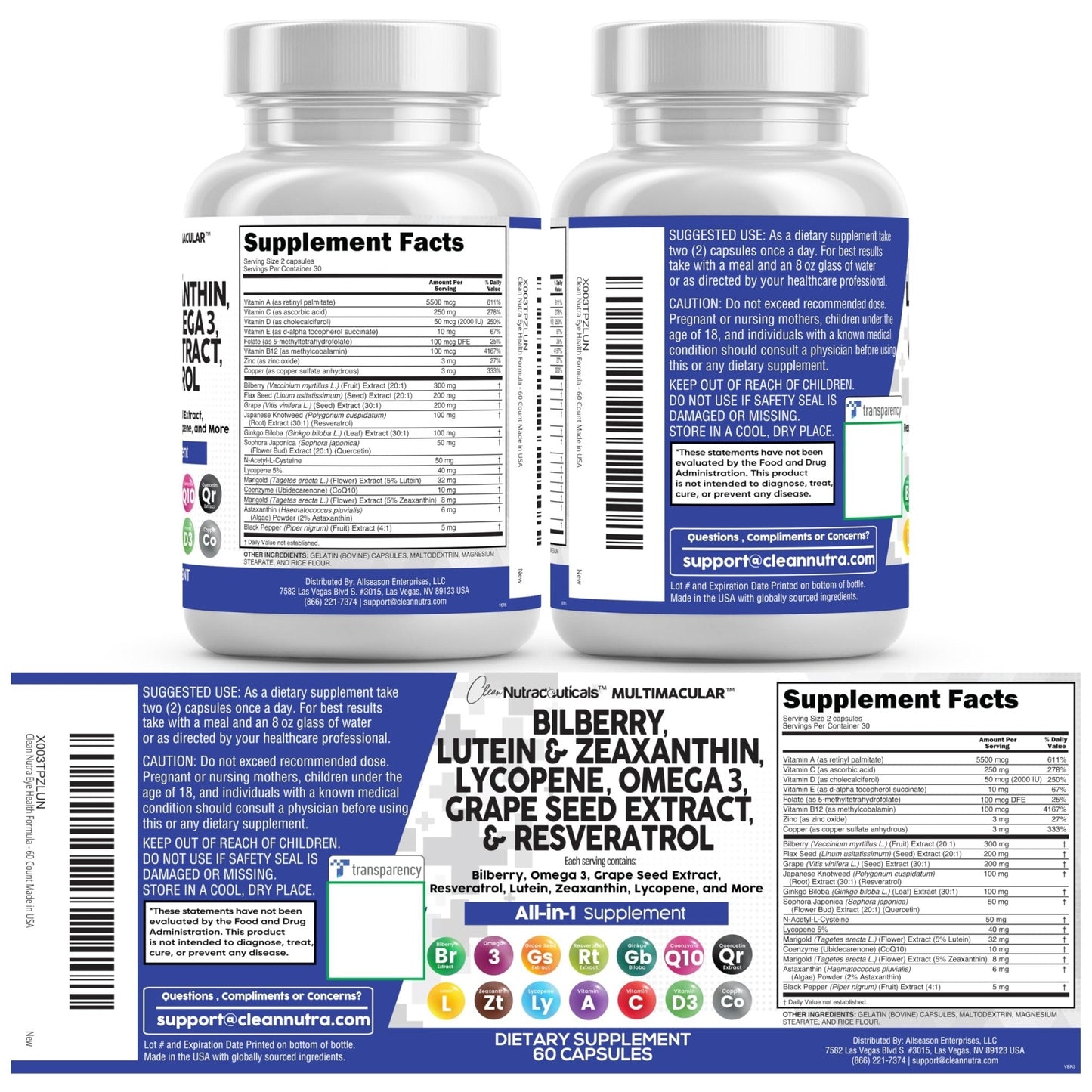 Clean Nutra Eye Vitamins with Bilberry Lutein and Zeaxanthin Supplements Lycopene 40mg Resveratrol Grape Seed Astaxanthin for Eyes - Eye Care Health Support Eye - PrimeBioHealth - canada supplements