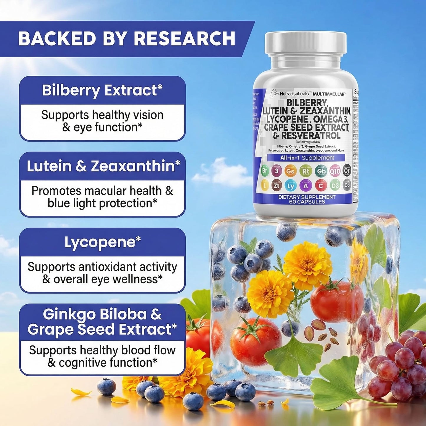 Clean Nutra Eye Vitamins with Bilberry Lutein and Zeaxanthin Supplements Lycopene 40mg Resveratrol Grape Seed Astaxanthin for Eyes - Eye Care Health Support Eye - PrimeBioHealth - canada supplements